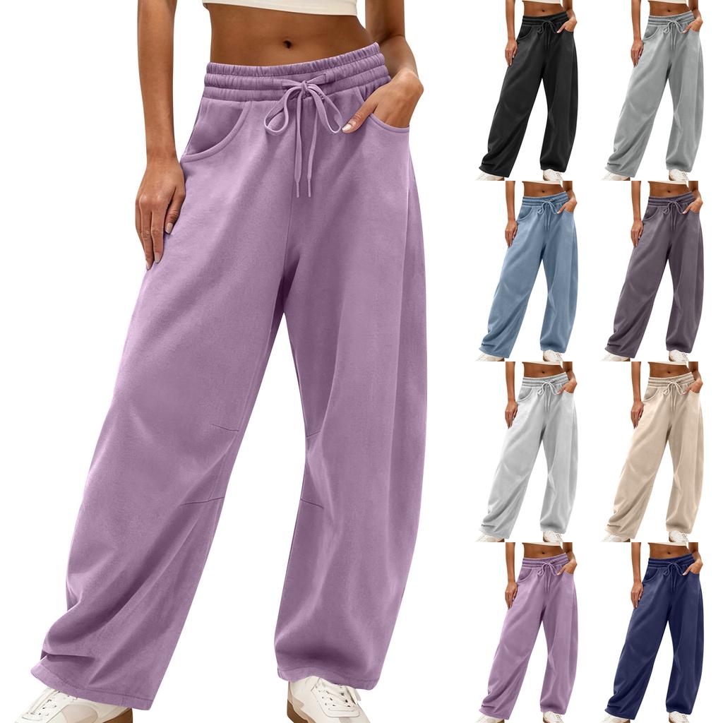 Women's Casual Loose Fit Color Curved Leg Pants with Pockets and Elastic Waistband