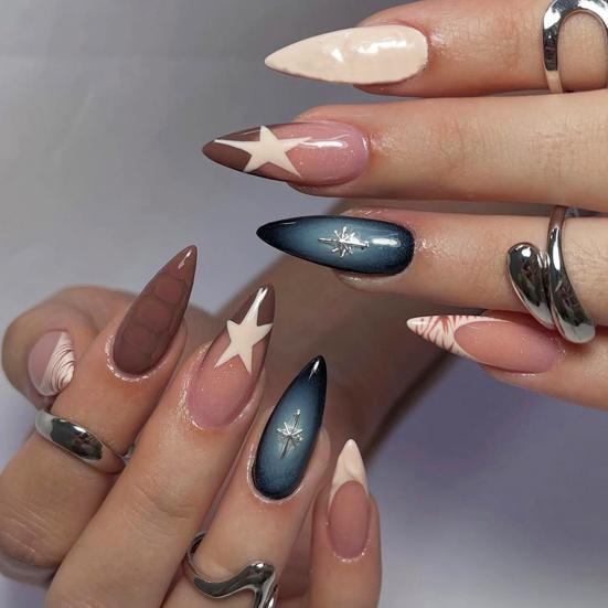 1 Set Women Press on Nails Almond French Tip Stick-on Long Fake Nails Full Cover Glue on False Nails DIY Manicure