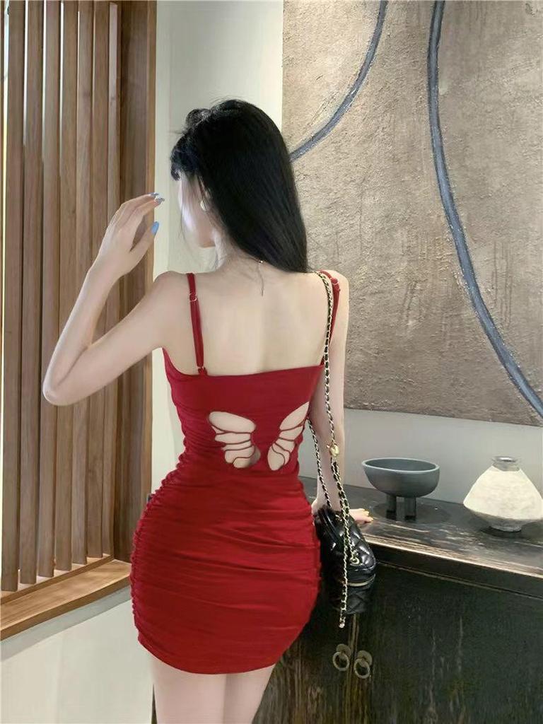 Summer Pure Desire Waist-Cinching Butterfly Cutout Camisole with Hip-Hugging Slim Skirt