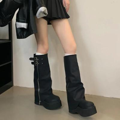 Autumn Winter Chunky Women Knight High Boots Platform Flats Trouser Long Booties Female Western Cowboy Shoes