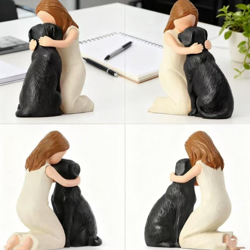 Girl Embracing Dog Sculpture Resin Miniature Statue Loss of Pet Sympathy Gift for Living Room Bedroom Display Ornament