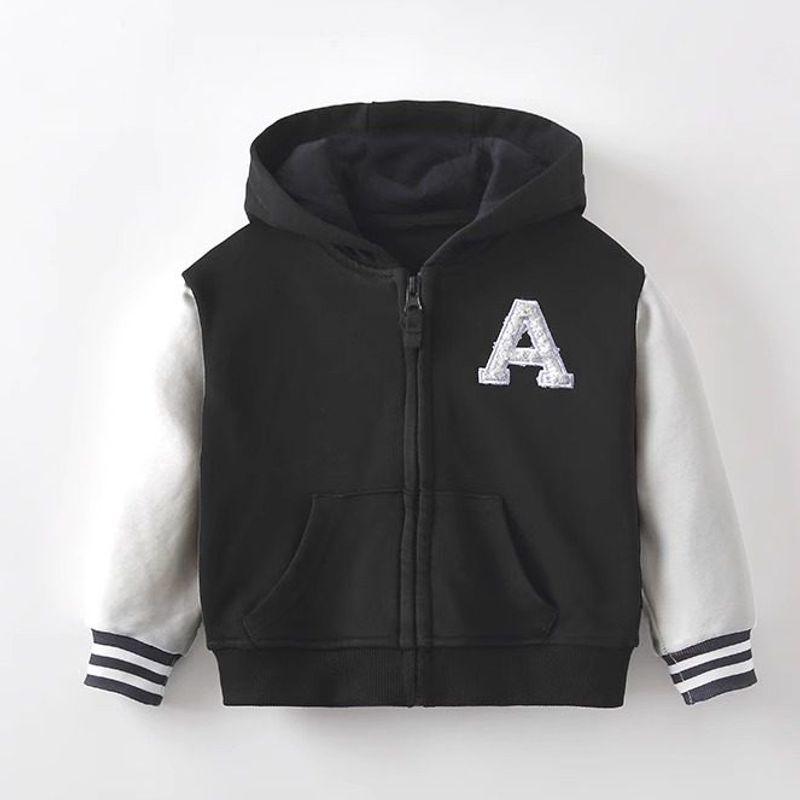Boys Sweatshirt Jacket, American Retro Style Hooded Baseball Jacket, Baby Color-Blocking Patchwork Letter Embroidery Jacket Top 10701 100