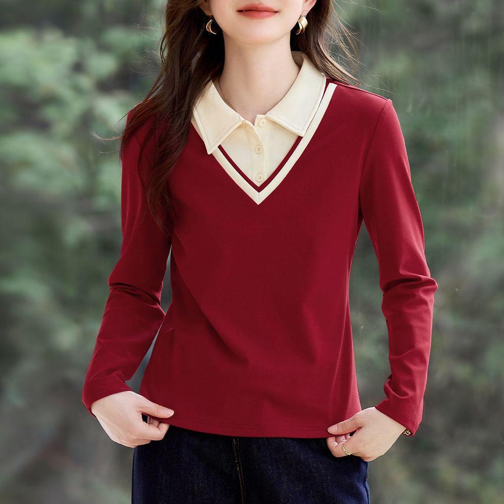 Women's Straight Shoulder Long-Sleeve T-Shirt, New 2026 Stylish Lapel Top for Spring & Autumn. Versatile Base Layer or Outerwear.