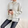 Women's Mock Neck Long Sleeve Contrast Stripe Ribbed Knit Loose Pullover Sweater Autumn Casual Top