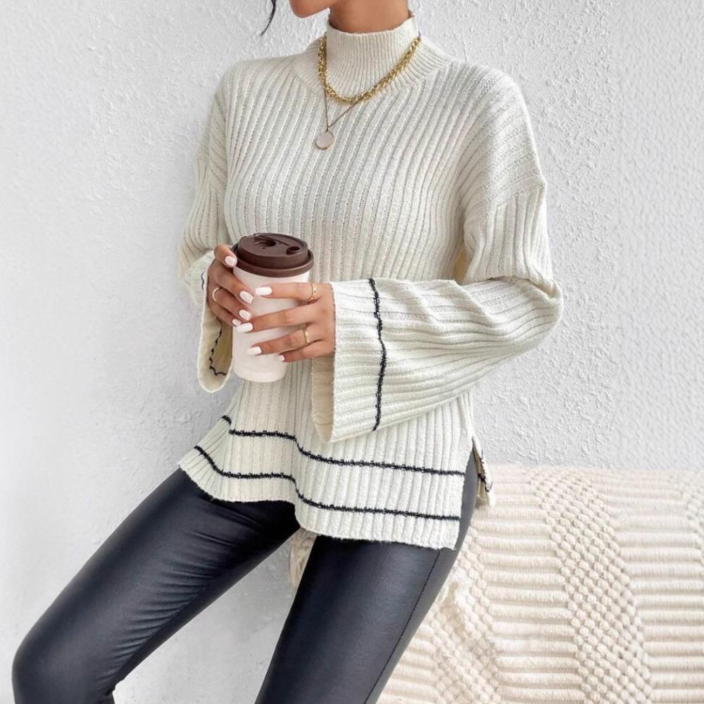 Women's Mock Neck Long Sleeve Contrast Stripe Ribbed Knit Loose Pullover Sweater Autumn Casual Top