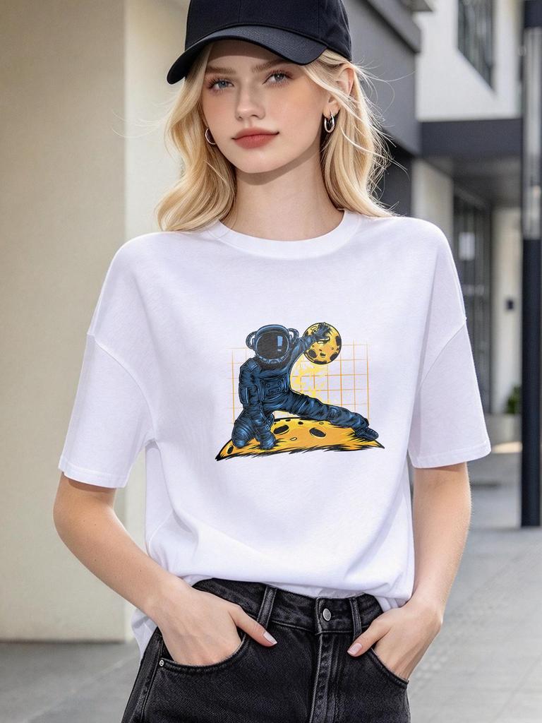 Casual Astronaut Print Soft Unisex Fashion Street Daily Top Tee