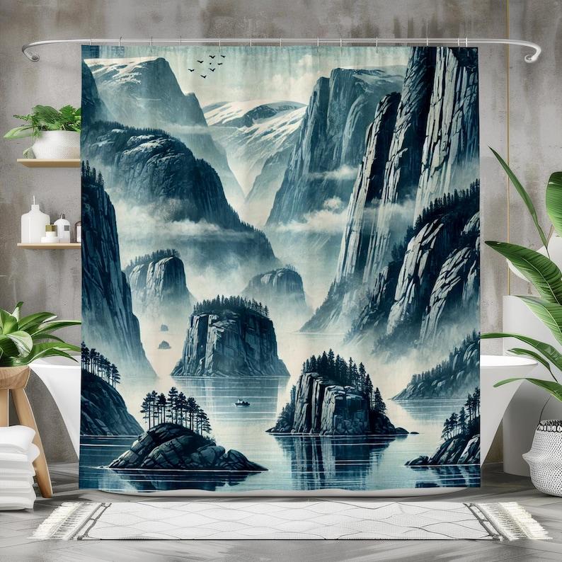 Mountain Lake Shower Curtain, Misty Forest Bathroom Decor, Nature Landscape Bath Curtain, Scenic Waterproof Shower Curtain W90XH180cm