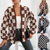 Women S V Neck Long Sleeve Checkered Cardigan Loose Casual Mid Length Sweater