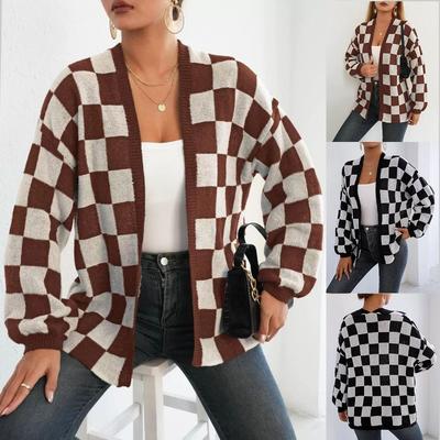 Cardigan à carreaux pour femme S col en V manches longues ample décontracté longueur moyenne pull