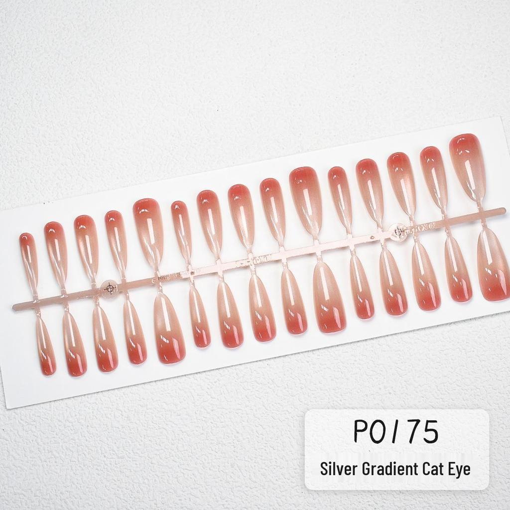 Silver Gradient Cat Eye Champagne French Full-Size Handmade Wearable Nail Tips