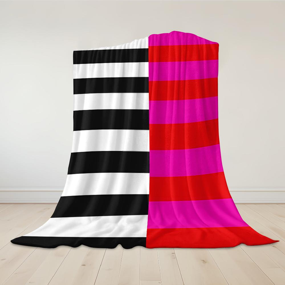 Bicoloured Stripes Pink Black Flannel Blanket Warm Soft Halloween Christmas Couch Warm Cozy Decorative Decor Gift for All Season
