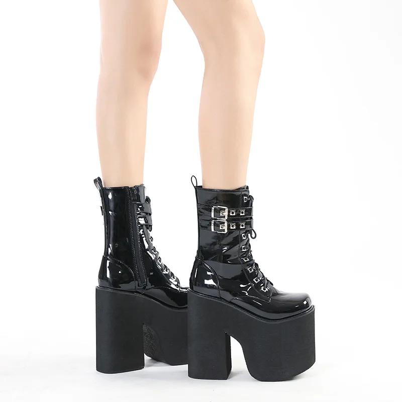 2024 Women's Short Boots Patent Leather Square Head Double Waterproof Platform Thick Heel Super Heel Women And Bare Boots