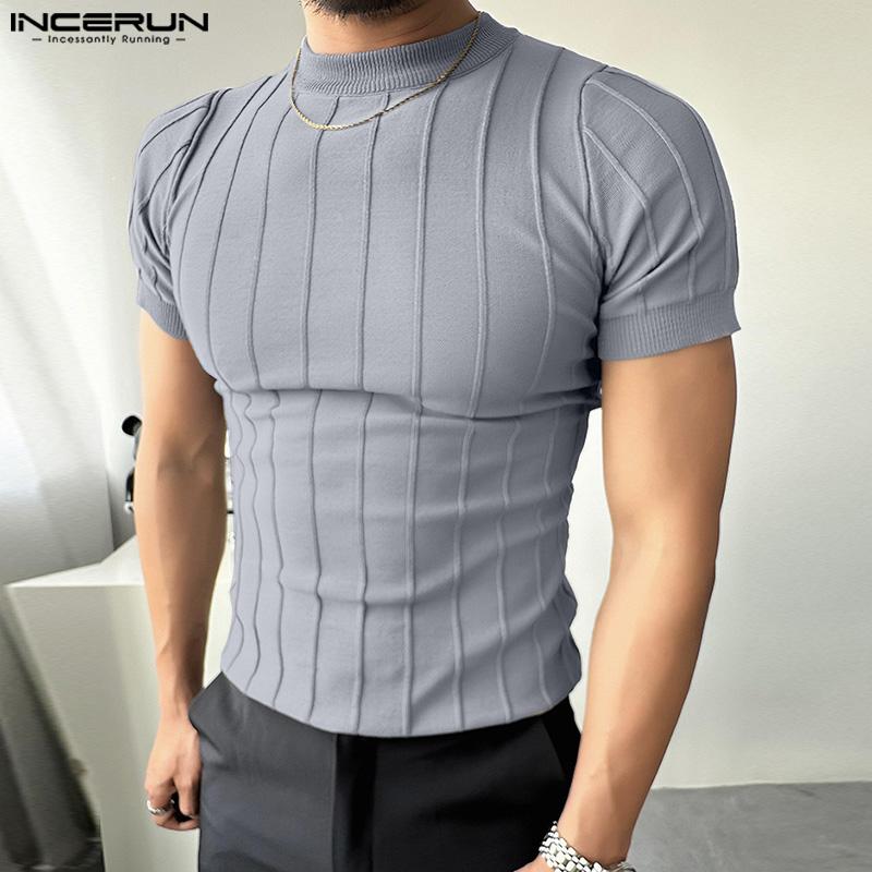 

INCERUN Летняя мужская футболка с круглым вырезом и мышцами, тонкие повседневные топы с короткими рукавами