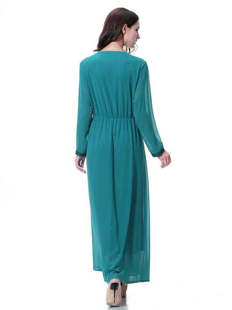 Women's Chiffon Lace Maxi Dress with Round Neck and Long Sleeves, TH923