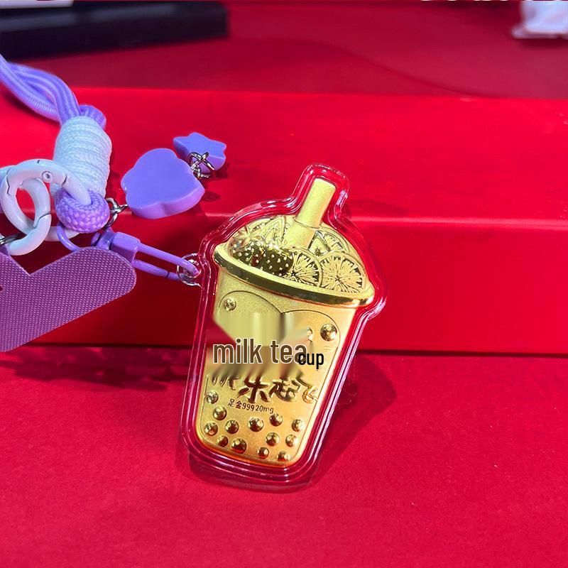 Golden Milk Tea Cup with Pure Gold Flakes - 999 Gold Coin Business Souvenir Gift Keychain [with Cord]
