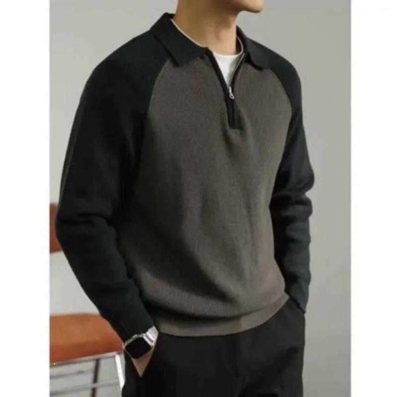 Men S Polo Collar Color Block Knit Sweater Half Zip Casual Spring Autumn