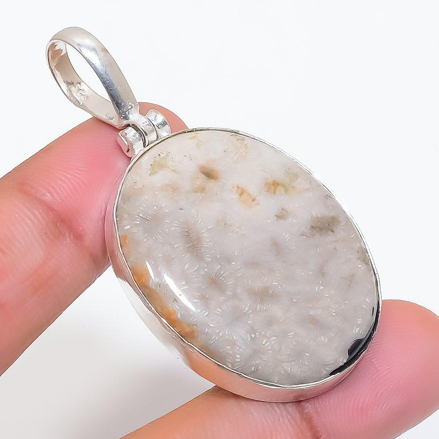 Natural Fossil Coral Gemstone 925 Sterling Silver Jewelry Pendant 2.17" ZS-132