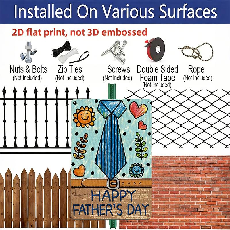 2D Flat, 1pc Tie Father's Day Metal Wall Art Sign "Happy Father's Day" - 8*12 Inch Aluminium Rustic Home Decor, Cute Style Wall Plaque, Sweet Gift