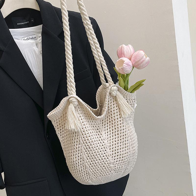 Portable Bohemian Knitted Shoulder Bag Hollowed Out Solid Color Casual Woven Handbag Sweet Soft Crochet Tote Bag CLE