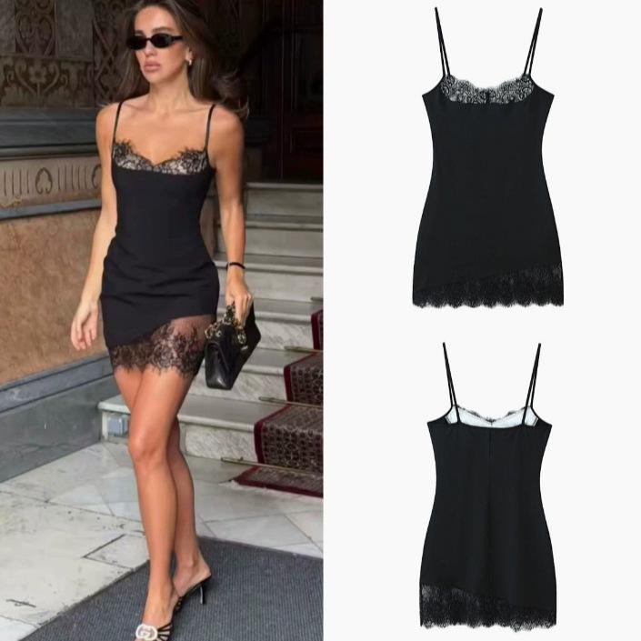 2025 Women s Spaghetti Strap Lace Patchwork Dress - European Style Large чёрный