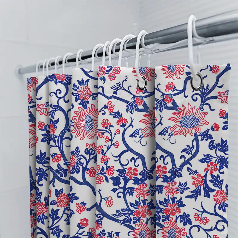 Vintage Blue Red Floral Shower Curtain Fabric For Bathroom Decor Waterproof Bath Mat Set Home Accessories (128 Characters)