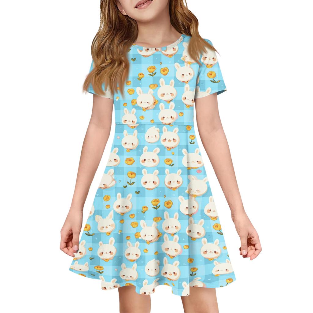 Robe d'été pour fille Couleur & Imprimé Manches Courtes Avec Poche Robe Décontractée Manches Courtes Robe de Soirée Jour de Pâques