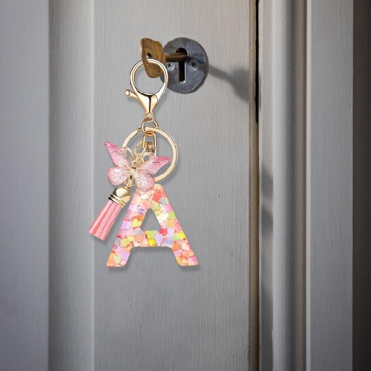 Fashionable Crystal Letter Keychain Sparkling Butterfly Tassels Charm Keyring Ornament for Women Girls Accessories