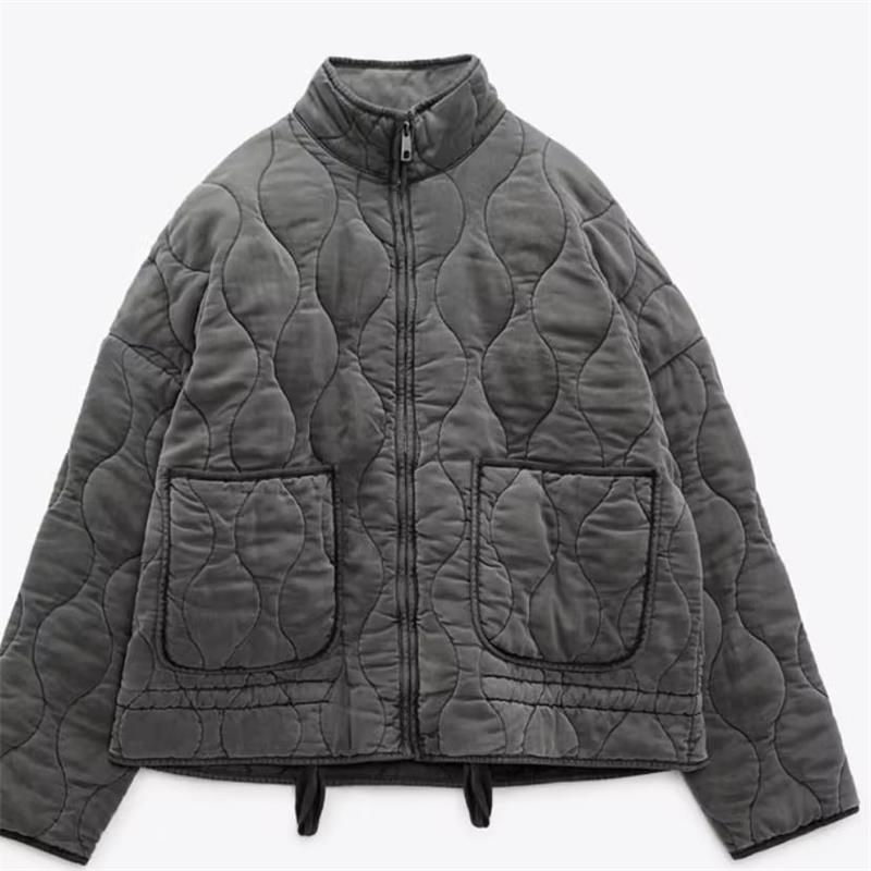 Autumn/Winter European & American Stand Collar Zipper Jacket with Large Pockets & Tie, Women's Long Sleeve Washed Cotton Coat