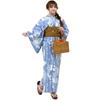 RAVIR Yukata Gray and Geometric Fluffy Obi and Geta One Size Fits All Women's 3-Piece Set, White, Pattern, Belt, Sandals, Blue,
