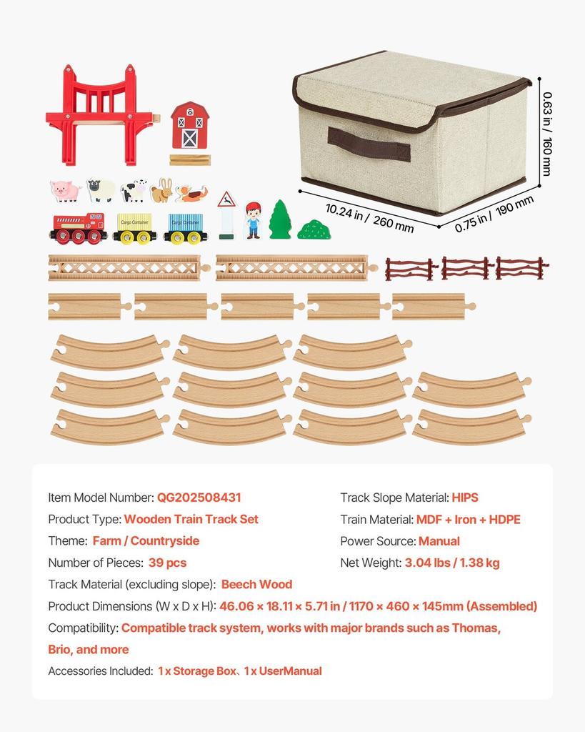 Wooden Train Set, 39PCS, Wood Train Track with Magnetic Trains and Railway Accessories, Compatible with Major Brands, Small Town, Christmas Birthday