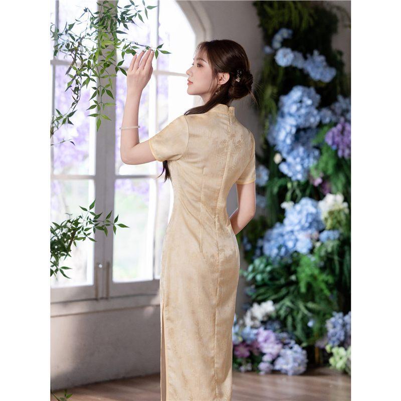 New Chinese-style improved cheongsam women's 1011 spring and summer new light apricot jacquard long slim and thin temperament dress