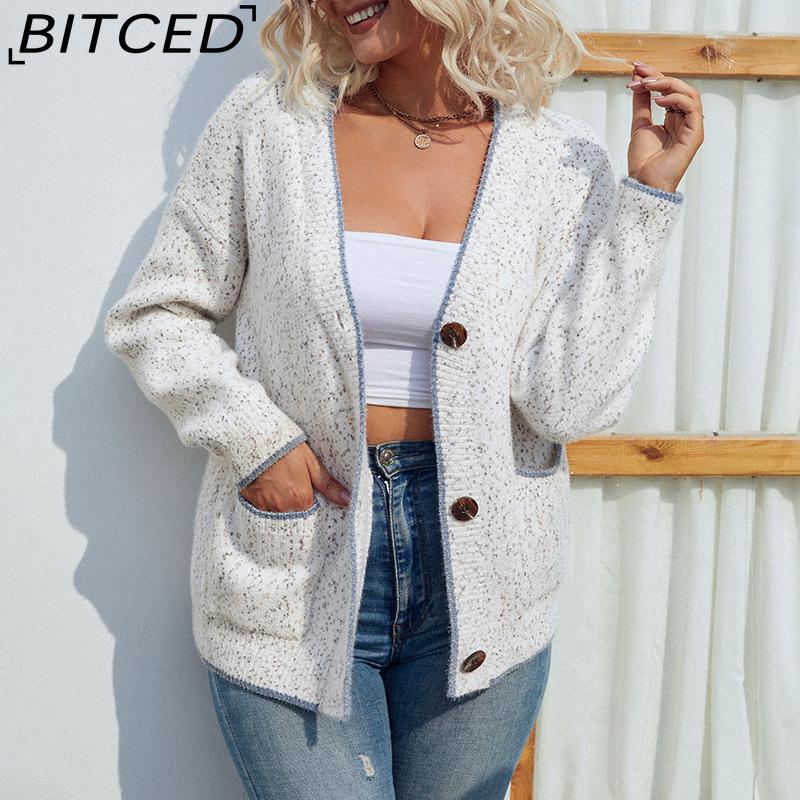 

BITCED Colour-Block Button-Front Knitwear Autumn/Winter Pocket Cardigan Women s Open-Front Outerwear XL бежевый