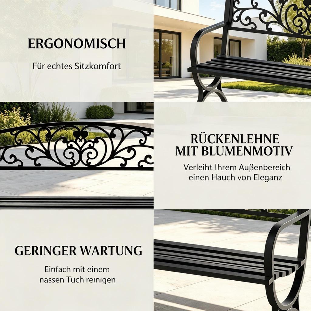 Stylish outdoor bench, garden bench with ornamental backrest design, elegant bench (only with bench)