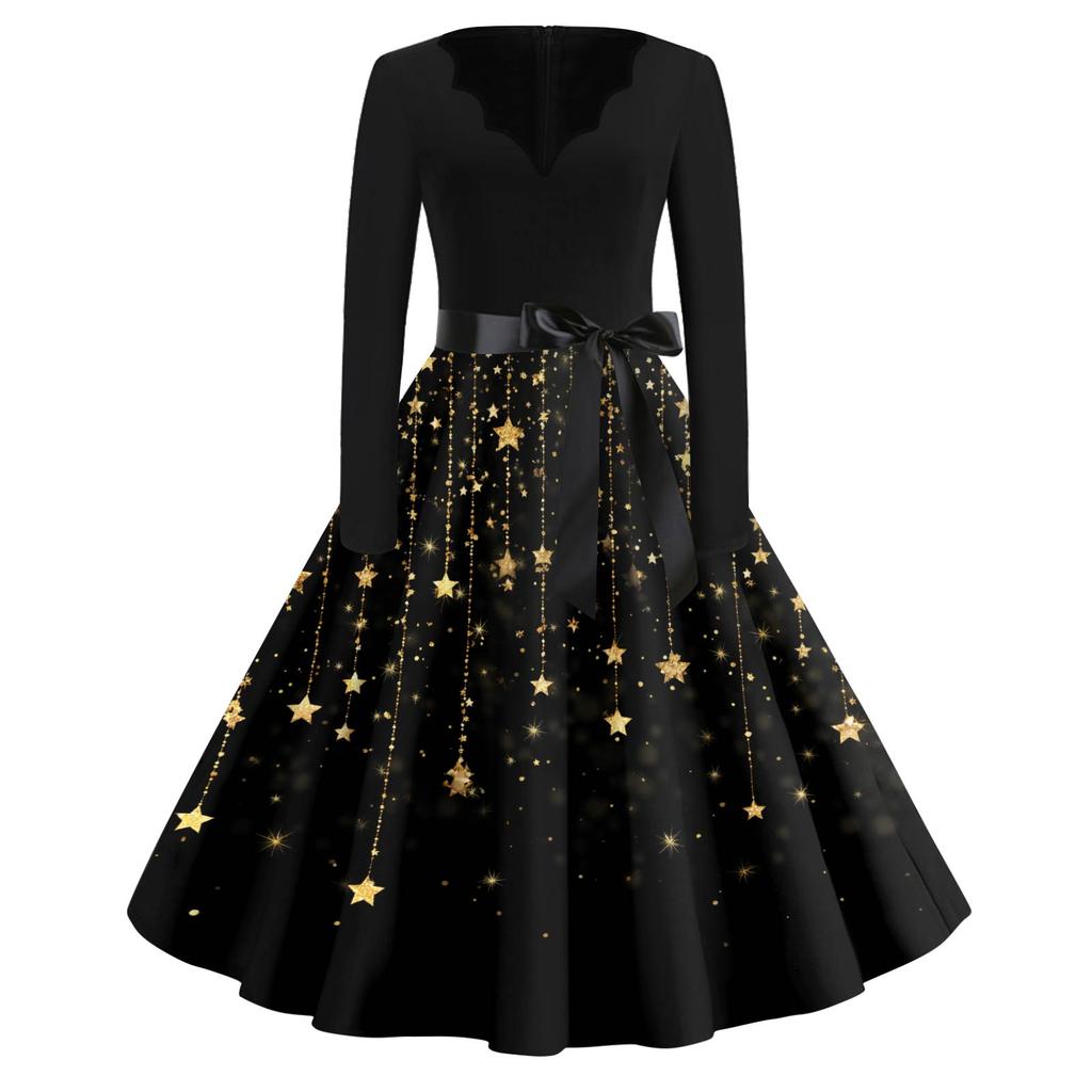 Women's Fashion V-Neck Relaxed-Fit Christmas Print Long-Sleeved Dress