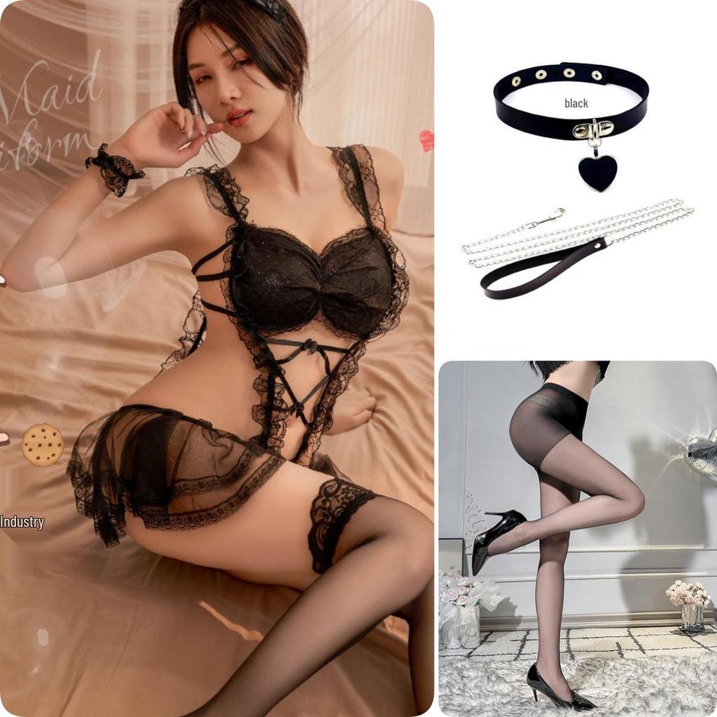 Set Lingerie Sexy Uniformă Menajeră cu Body cu Croiala Deschisă și Bust Detașabil pentru Femei.