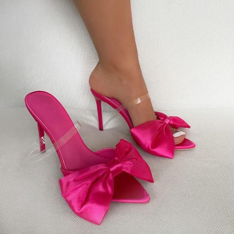 Newest Silk Butterfly-Knot Mule High Heels Slippers Sandals Pointed Toe Strappy Slides Party Women Slippers Shoes 567Yu568