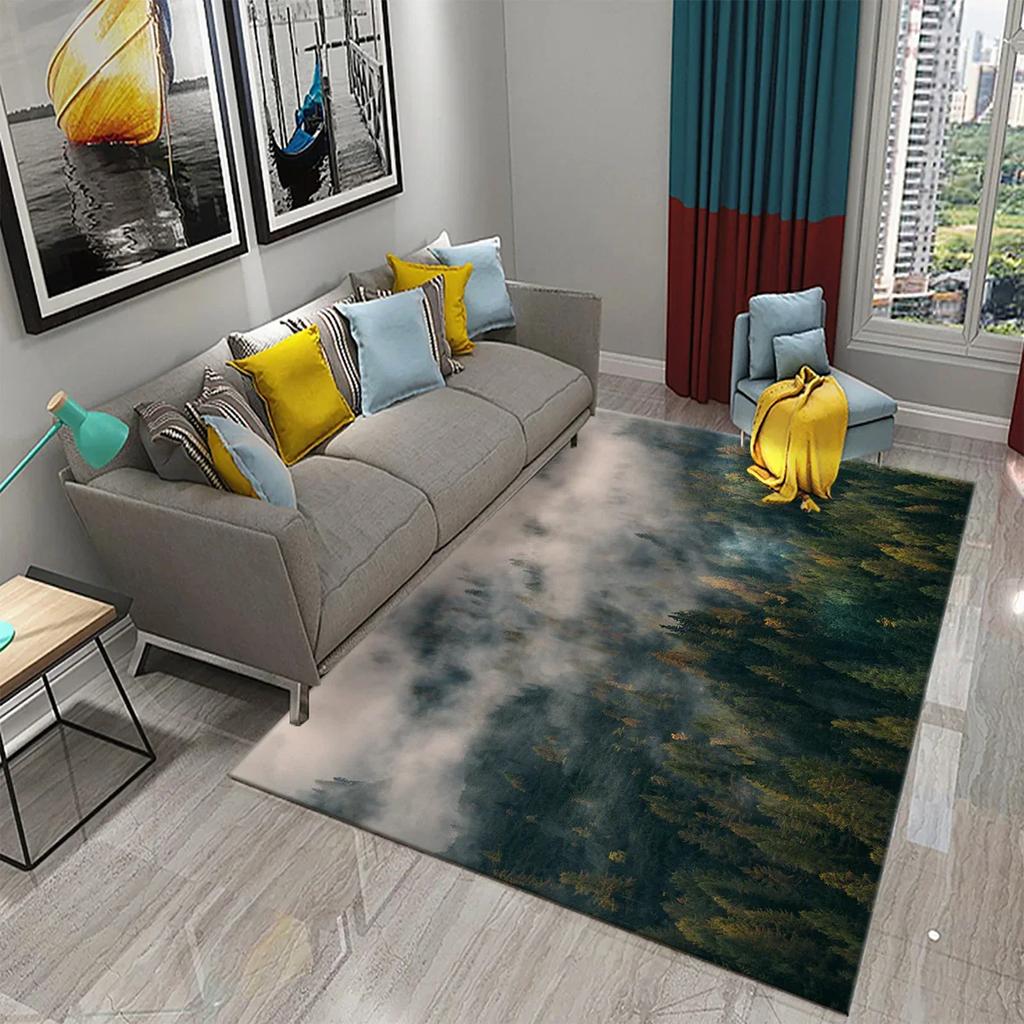 Smoky Forest Carpet Green Trees Mountain Rug Natural Scenery Rectangle Area Rugs Yoga Mats Bedroom Living Room Decor Door Mat