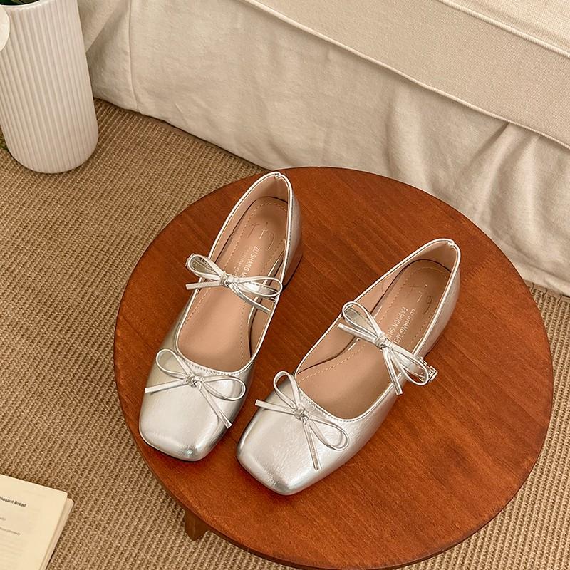 Fashion Temperament Round Toe Bow One Strap Mary Jane Shoes Women's 2025 Spring Light Mouth Block Heel Silver Single Shoes