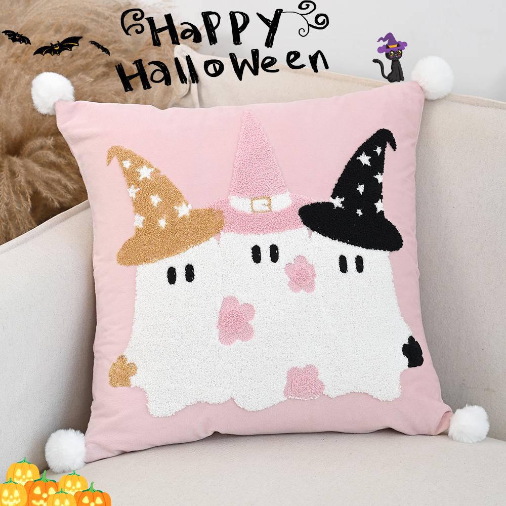 BUYNOW Halloween Pink Ghost Bat Embroidery Pillowcase Living Room Sofa18x18in Cushion Cover Home Bedroom Decor Cojines Para Sala