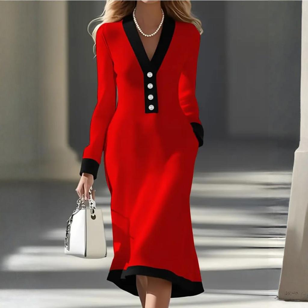 Women's Elegant Commuting Two-tone V-neck MIDI Dress