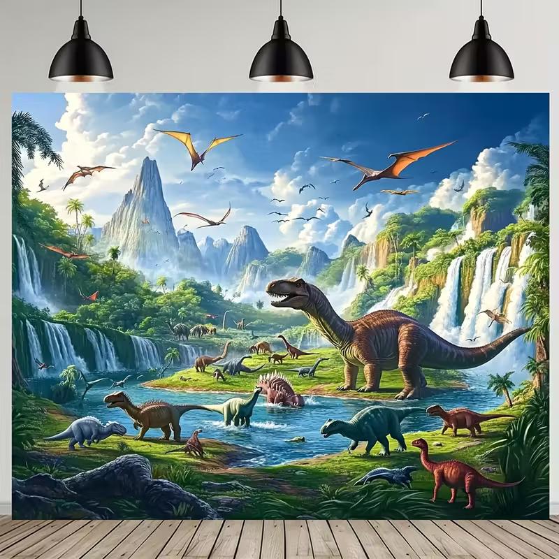 Realistic Dinosaur Tapestry, 150x130cm Prehistoric Waterfall & Mountain Wall Decor for Boys Room & Birthday Party