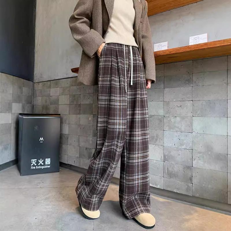 Coffee plaid woolen wide-leg pants women's new autumn clothing lazy and relaxed high waist thin straight-leg pants