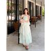 Summer Korean New Pure Green Vacation Dress, Thin Flower Lace Splicing Neck Dress, Long Dress