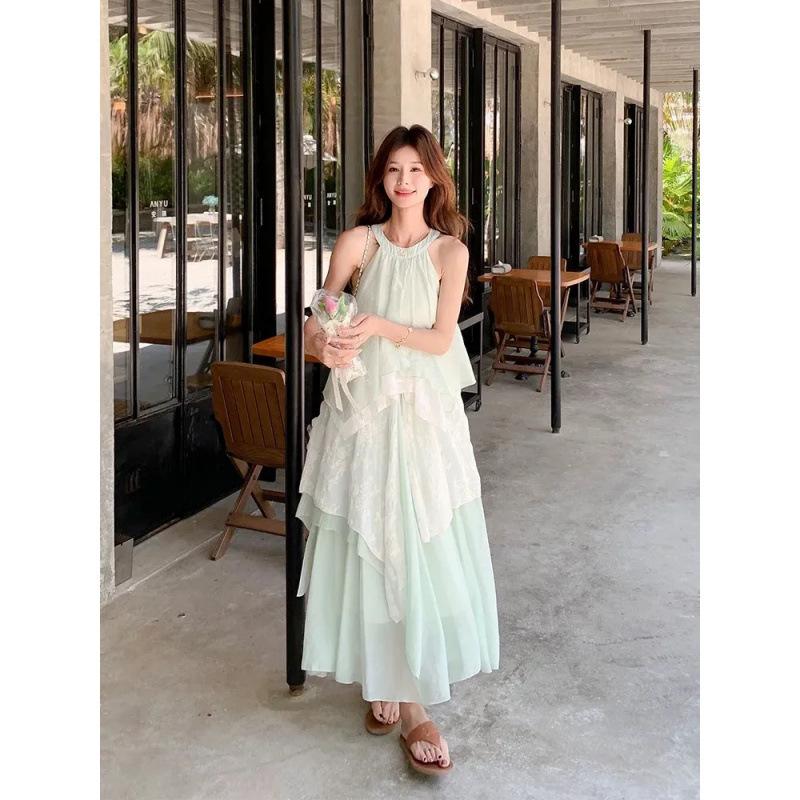 Summer Korean New Pure Green Vacation Dress, Thin Flower Lace Splicing Neck Dress, Long Dress