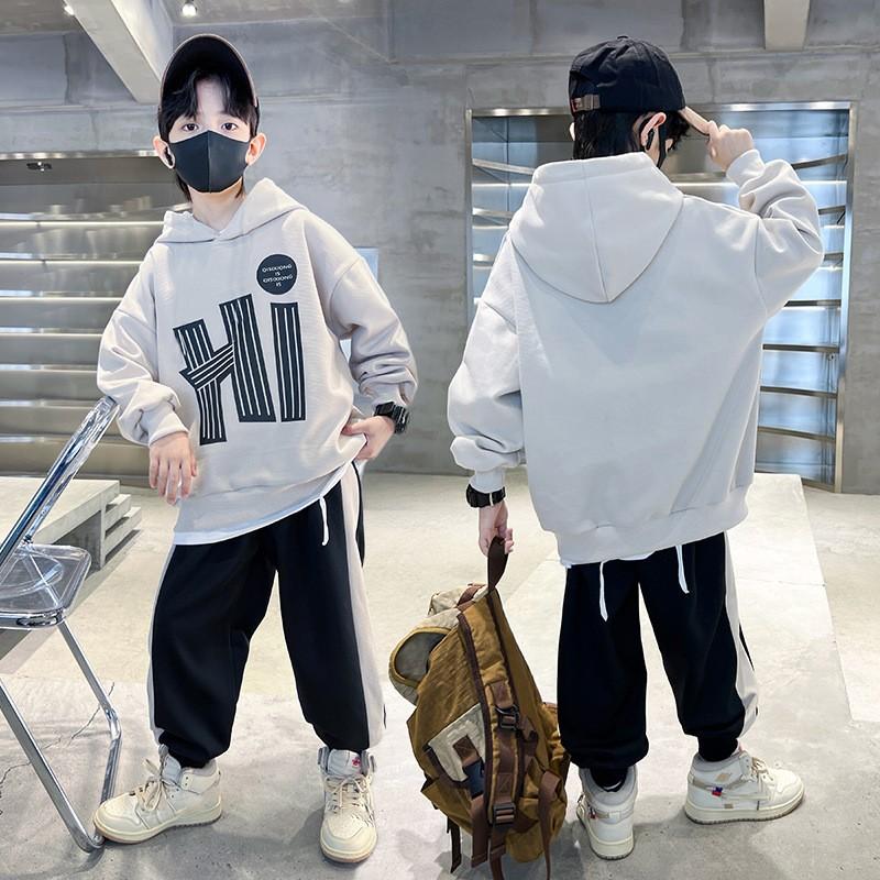 Boys Spring and Fall Cool Handsome Set Middle and Large Children Hooded Sweatshirt + Sweatpants Two-piece Set