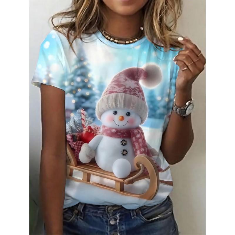 Womens Slim Fit Round Neck Short Sleeve T-Shirt With 3D Santa Claus Print Soft Cotton-Feel Fabric Casual Office Wear