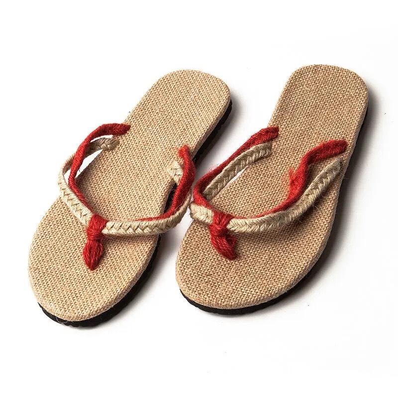 Summer natural linen couple Harajuku hard foam bottom beach flip-flops sandals Luffy straw slippers men