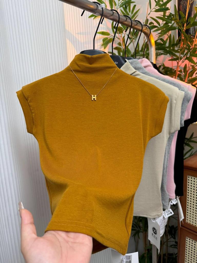 Damen Schwarzes Slim Kurzarm T-Shirt mit Halbochkragen, Frühjahr/Sommer Kollektion 2025