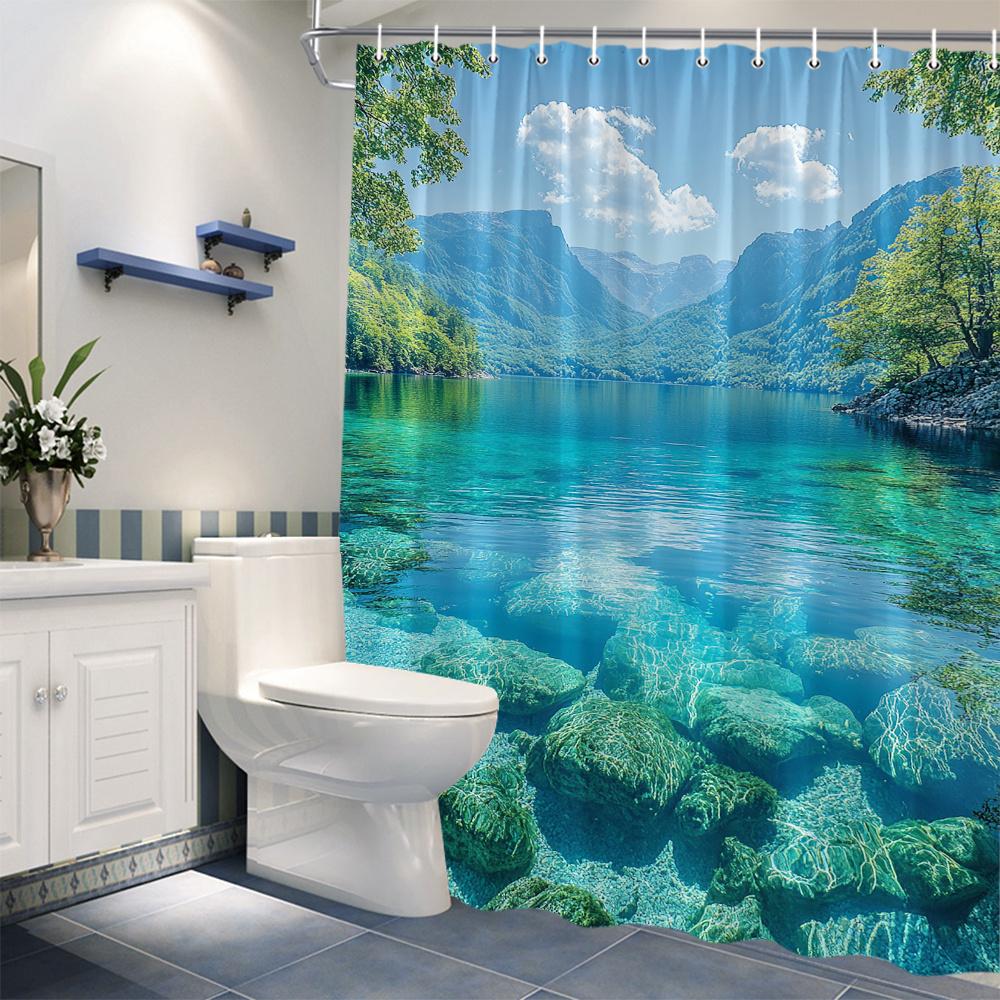 Polyester Shower Curtain - Serene Mountain Lake, Lush Greenery Design, 70x70", Machine Washable,  Nature-Inspired Bath Decor