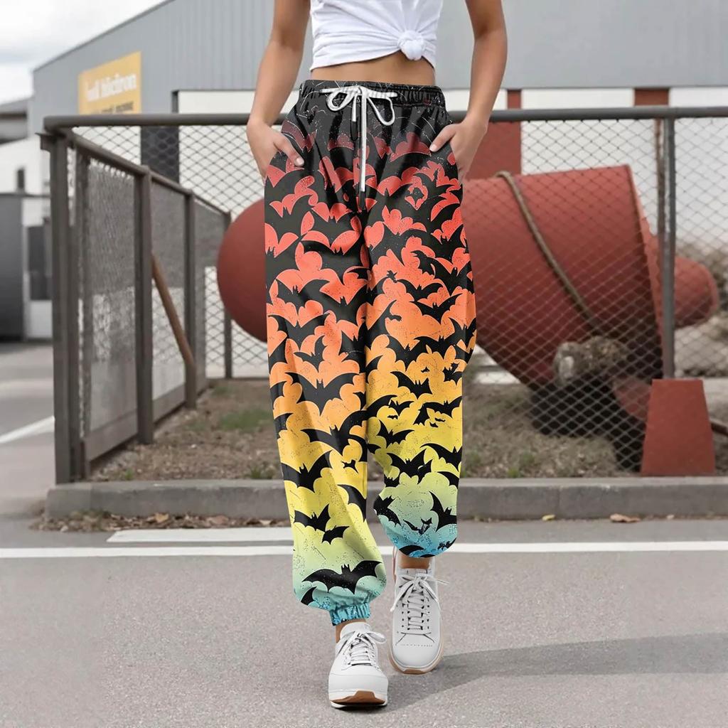Pantalon de survêtement décontracté à imprimé Halloween pour femme, pantalon de loisirs, taille élastique avec cordon de serrage, pantalon à cordon de serrage